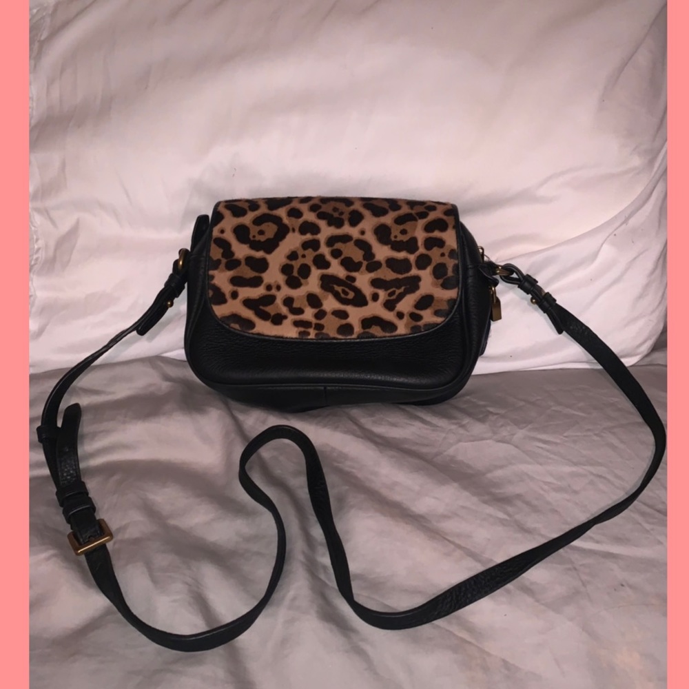 J.Crew Signet Black Leather/Cheetah Flap CrossBody